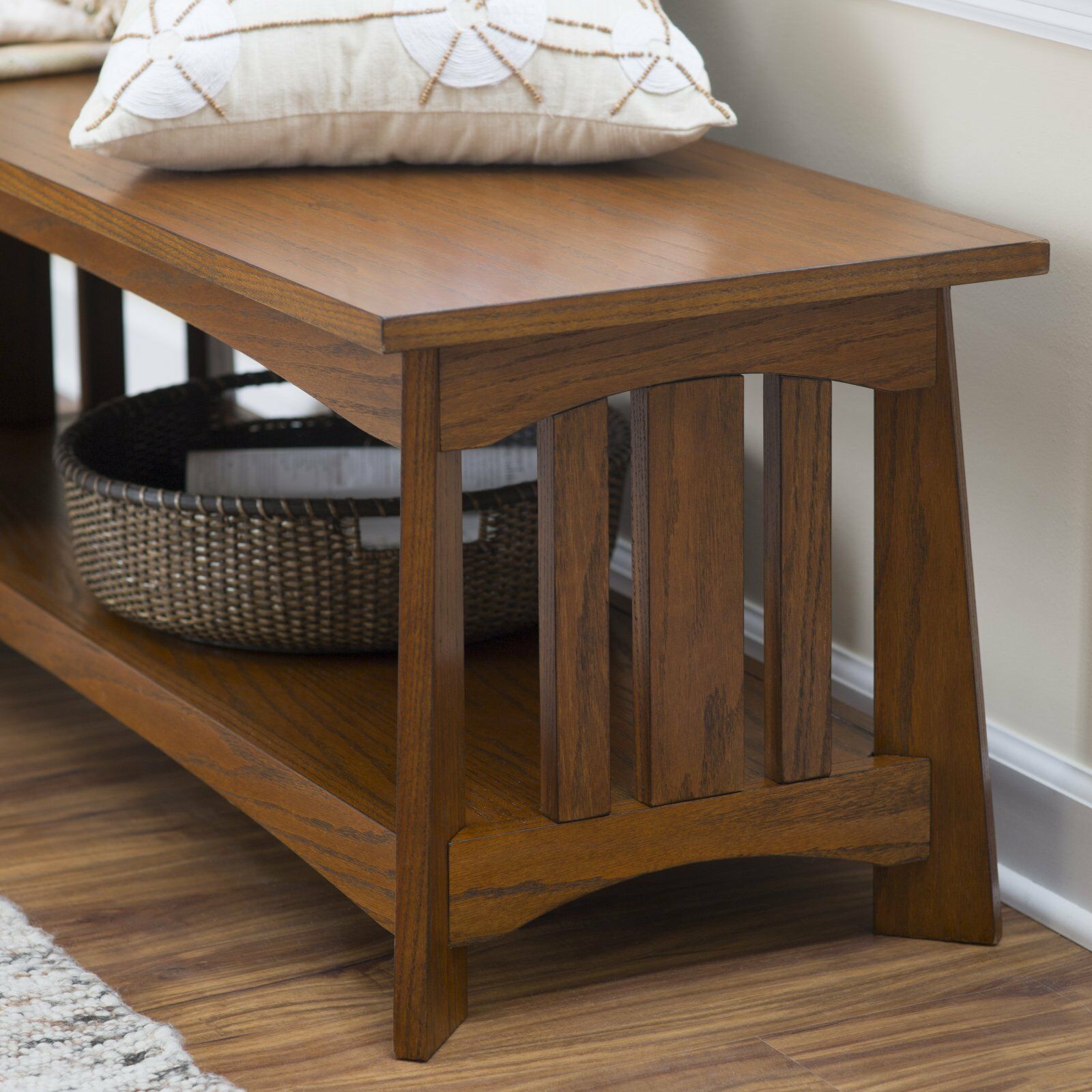 Traditional Oak Wood Bench Classic Mission Style Entryway Seat With Shelf Benches & Stools