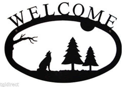 Primary image for Wrought Iron Welcome Sign Timber Wolf Silhouette Large Outdoor Plaque Home Decor