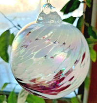 Hanging Glass Ball 4&quot; Diameter Frosted White AB with Purple Swoosh 19HB3 - $16.83