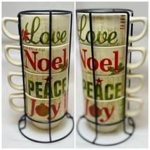 Pier 1 Imports 4-Stacking Christmas Mugs Cups Love Joy Peace Noel Coffee... - $39.59
