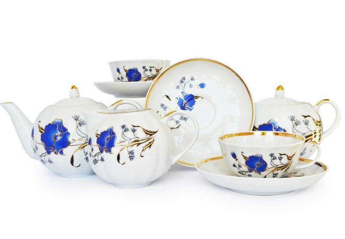 Russian Porcelain Tea set Dulevo Blue Flowers 6 pers 15 pc Kuznetsov
