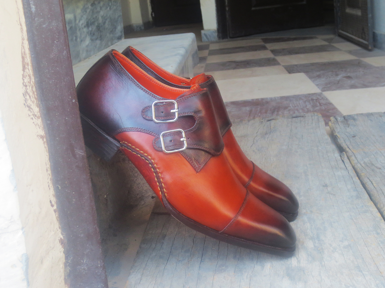 Handmade Double monk Straps Dress Shoes, Mens Leather Burgundy Brown Men's Shoes