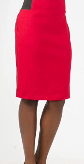 Women Red Pencil Skirt W Black Accent At Waist Size Large Stretch Waist