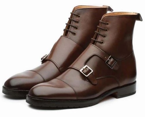 Handmade Men's Brown Cap Toe Leather Boots, Men Lace Up Double Monk Strap Boot