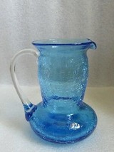 Vtg BLUE CRACKLE GLASS Mini JUG PITCHER EWER BLOWN w Applied Clear HANDL... - £8.11 GBP