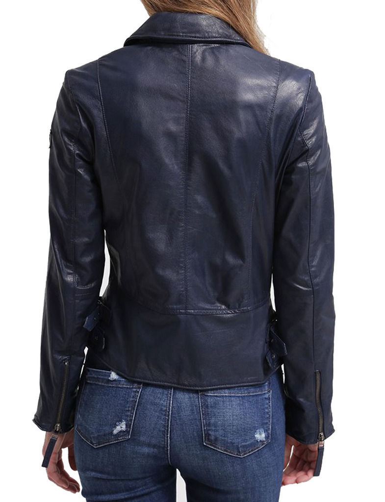 Women's Navy Blue Motorcycle Fashion Original Leather Slim Fit Jacket ...