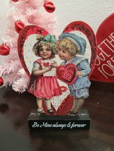 Vintage Style Valentines Day Glitter Small Children Wood Tabletop Sign D... - $19.79