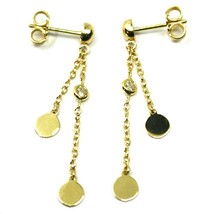18K YELLOW GOLD PENDANT EARRINGS, DOUBLE WIRES WITH DISCS & ZIRCONIA 1.5 INCHES image 1