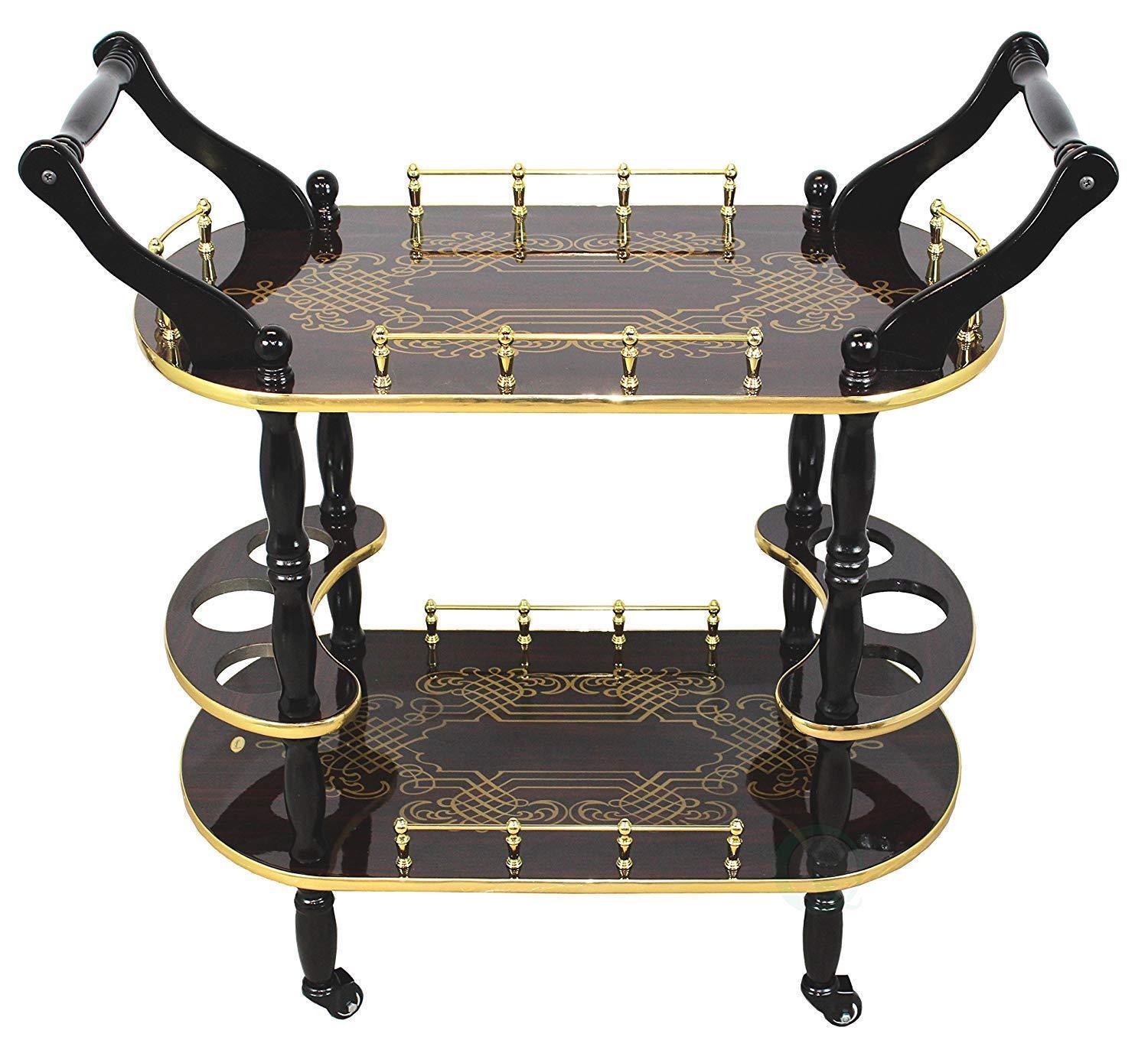 Uniquewise QI003164 Gold Design Wood Serving Trolley, Espresso Finish