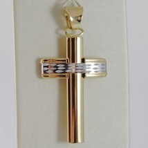 18K YELLOW WHITE GOLD CROSS SMOOTH STYLIZED FINELY WORKED CURVED MADE IN ITALY image 1