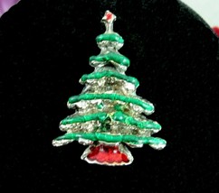 Vintage CHRISTMAS TREE BUTTON COVER Silvertone RED GREEN Enamel 1 5/8&quot; - $16.99