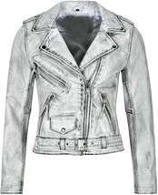 Women&#39;s Distressed Gothic Biker Fashion White Vintage Waxed Leather Jacket  - $140.00
