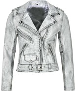 Women&#39;s Distressed Gothic Biker Fashion White Vintage Waxed Leather Jacket  - $128.00
