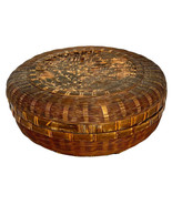 Vintage Antique Round Sewing Basket With Lid Dark Brown Wicker Woven 10&quot; - $41.58
