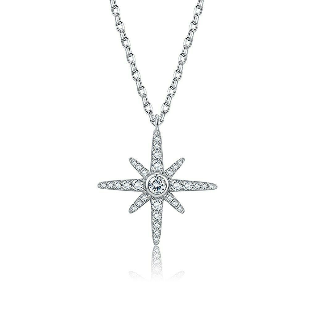 14K Solid White Gold North Star Pendant Charm Necklace 16 18 20 22