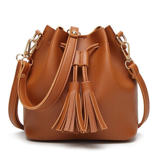 Women PU Leather Vintage Tassel Bucket Bags Mini Crossbody B