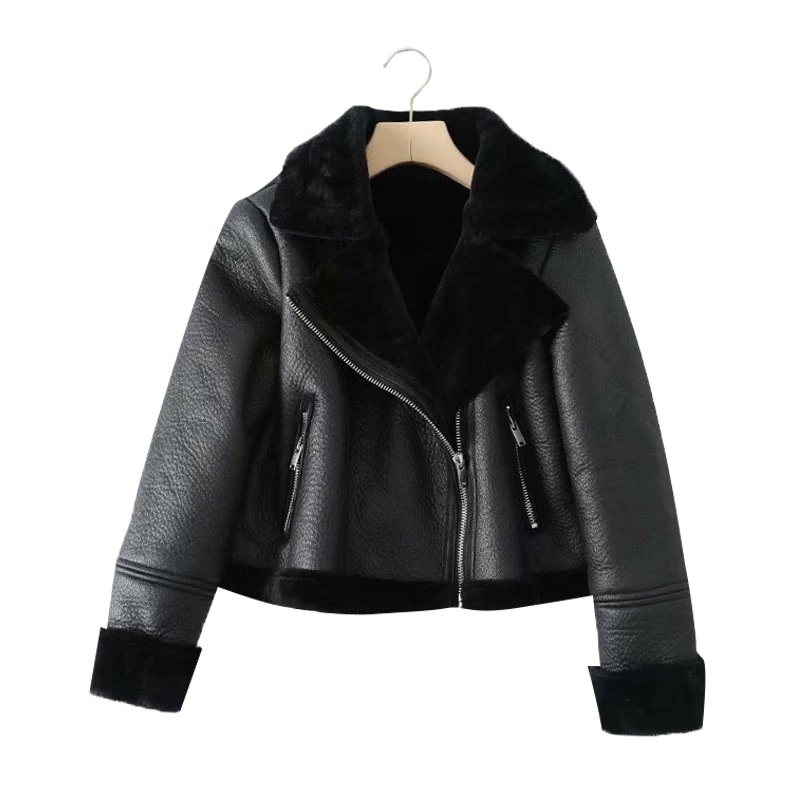 New black warm faux shearling thick lining faux leather short jacket women coat