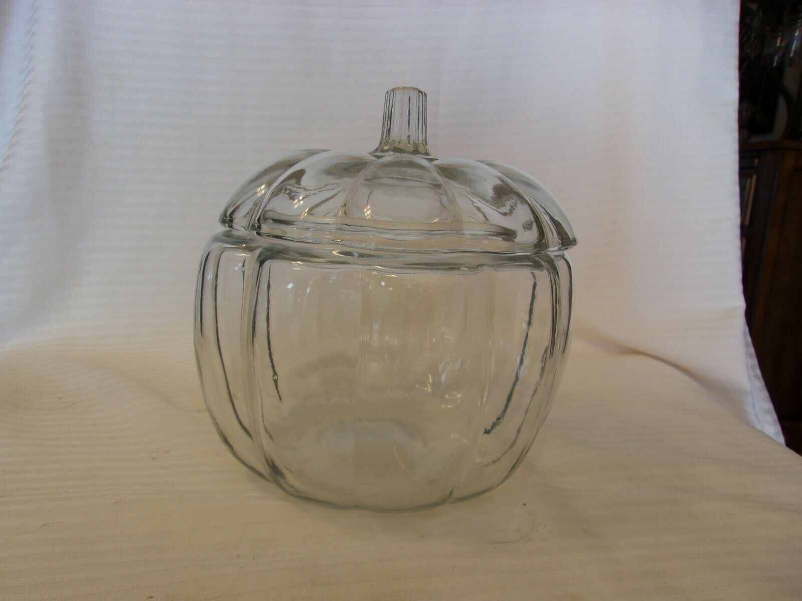 Vintage Clear Glass Pumpkin Cookie or Candy Jar With Lid 7.5" Tall