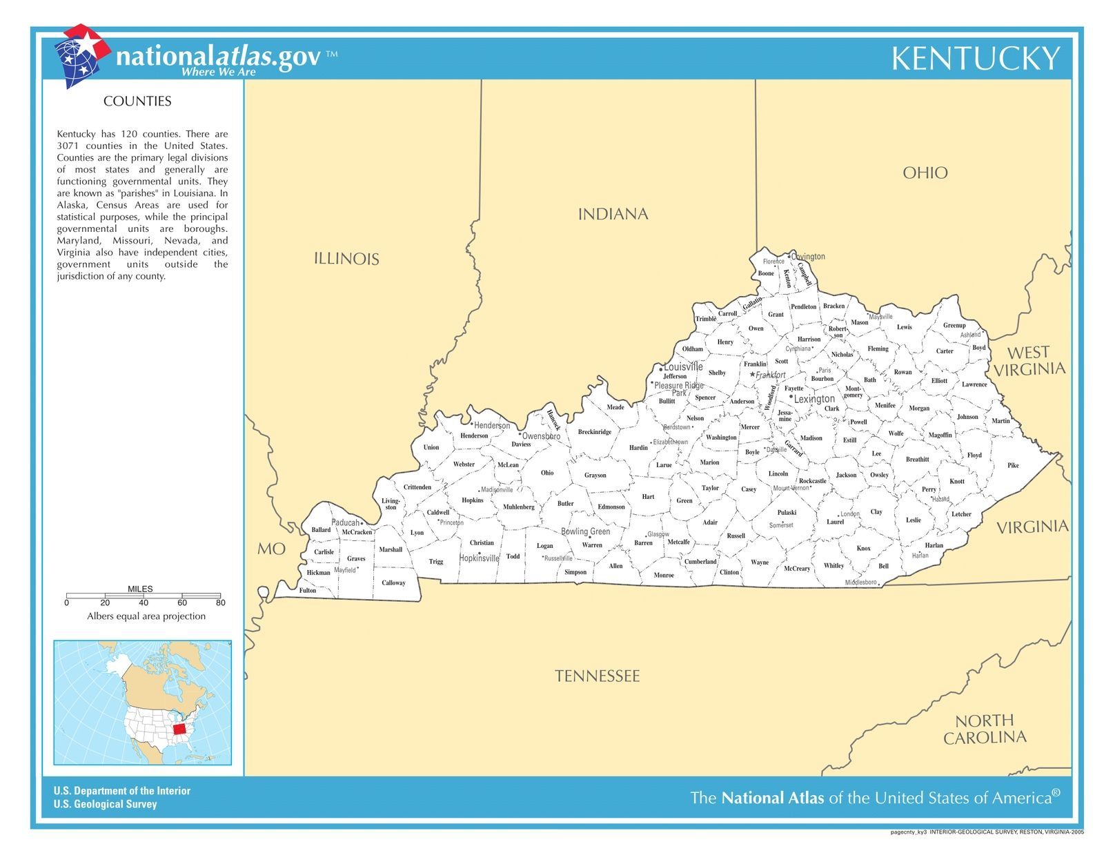 Kentucky State Counties w/Cities Laminated Wall Map - US