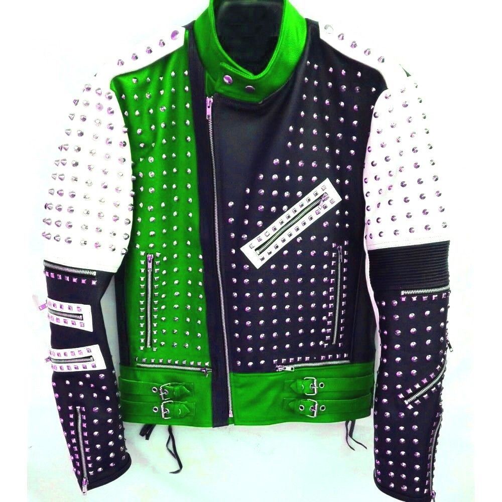 New Unique Design Full Studded Biker Leather Jacket Green Black White Color Mens