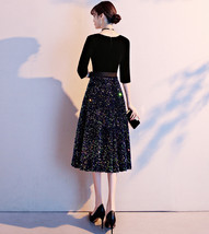 Black Half Sleeve Velvet Midi Dress Womens High Waist Formal Dress Plus Size image 4