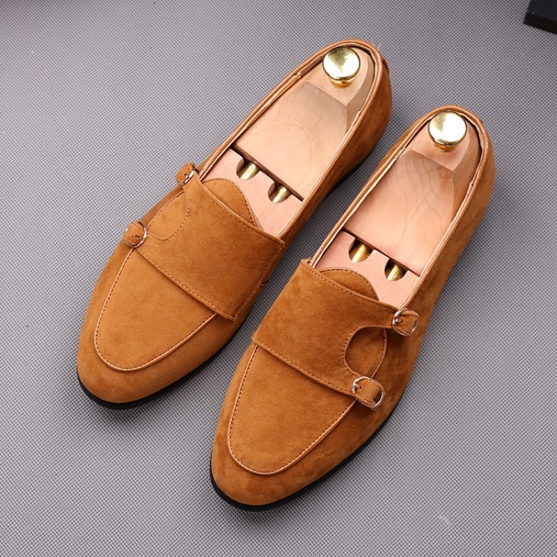 Handmade Brown Camel Double Buckle Suede Mens Loafers Flats Shoes 2019