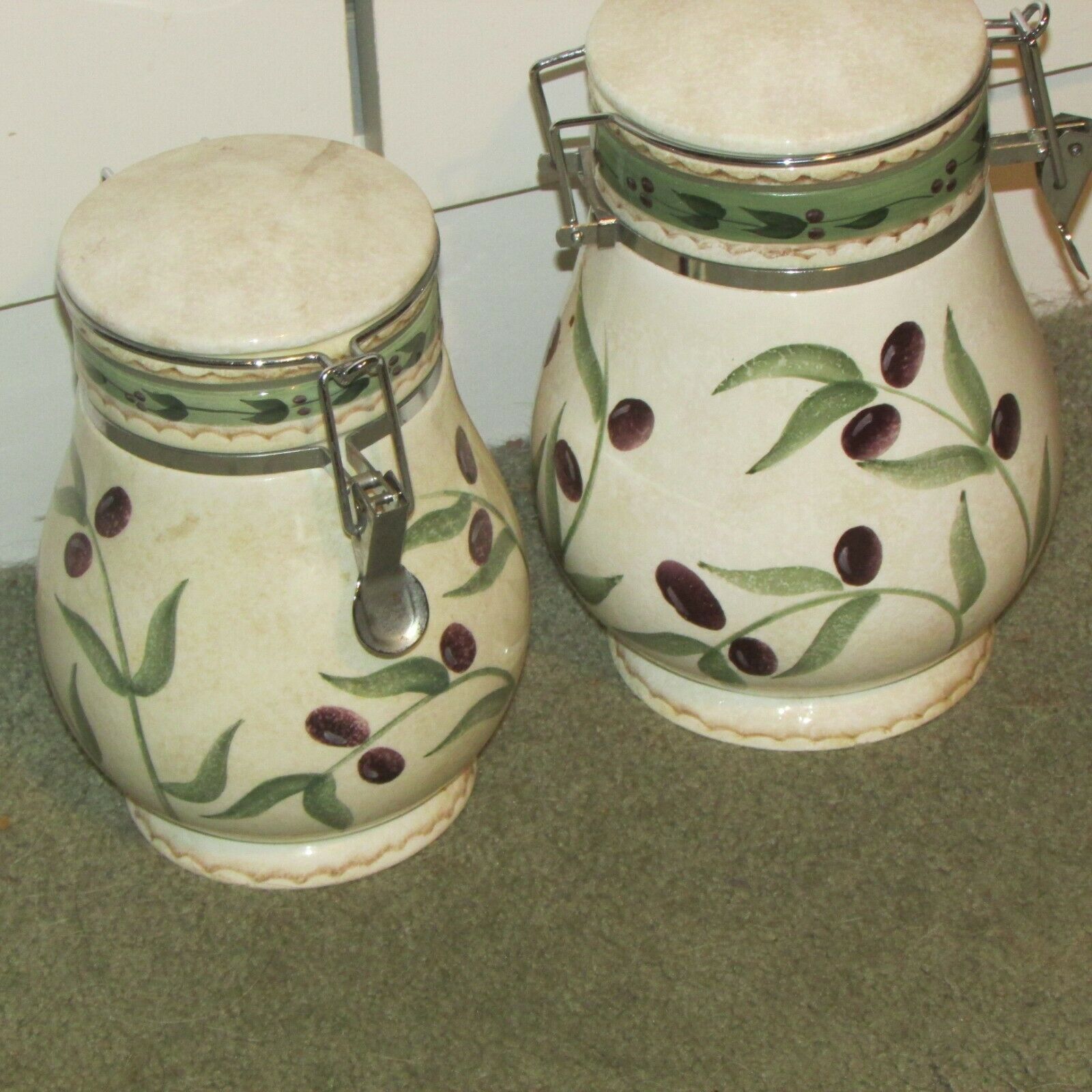 ONEIDA OLIVETO ceramic CANISTERS, one 8" one 9" tall (hall) - $23.38