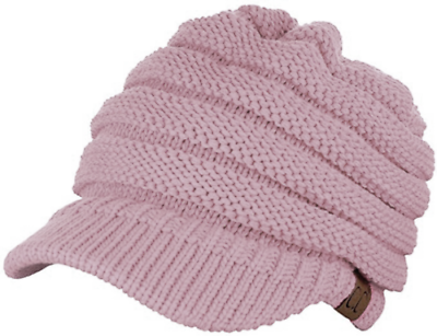 C.C Brand Brim Visor Trim Ponytail Beanie Ski Hat Knitted Messy Bun Cap - Pink
