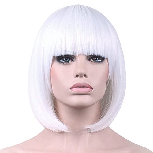 12'' White Bob Wigs for Women Short Straight Hair Wig with Bangs Cute ...