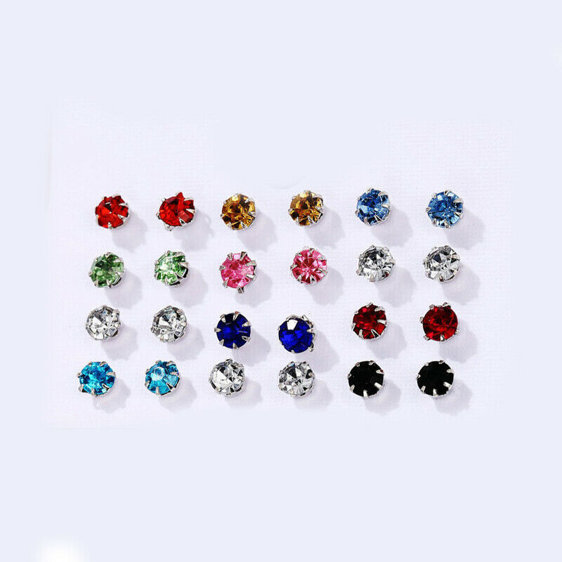12 pairs Men's Women Unisex Crystal Rhinestone Round Ear Stud Earring Jewelry