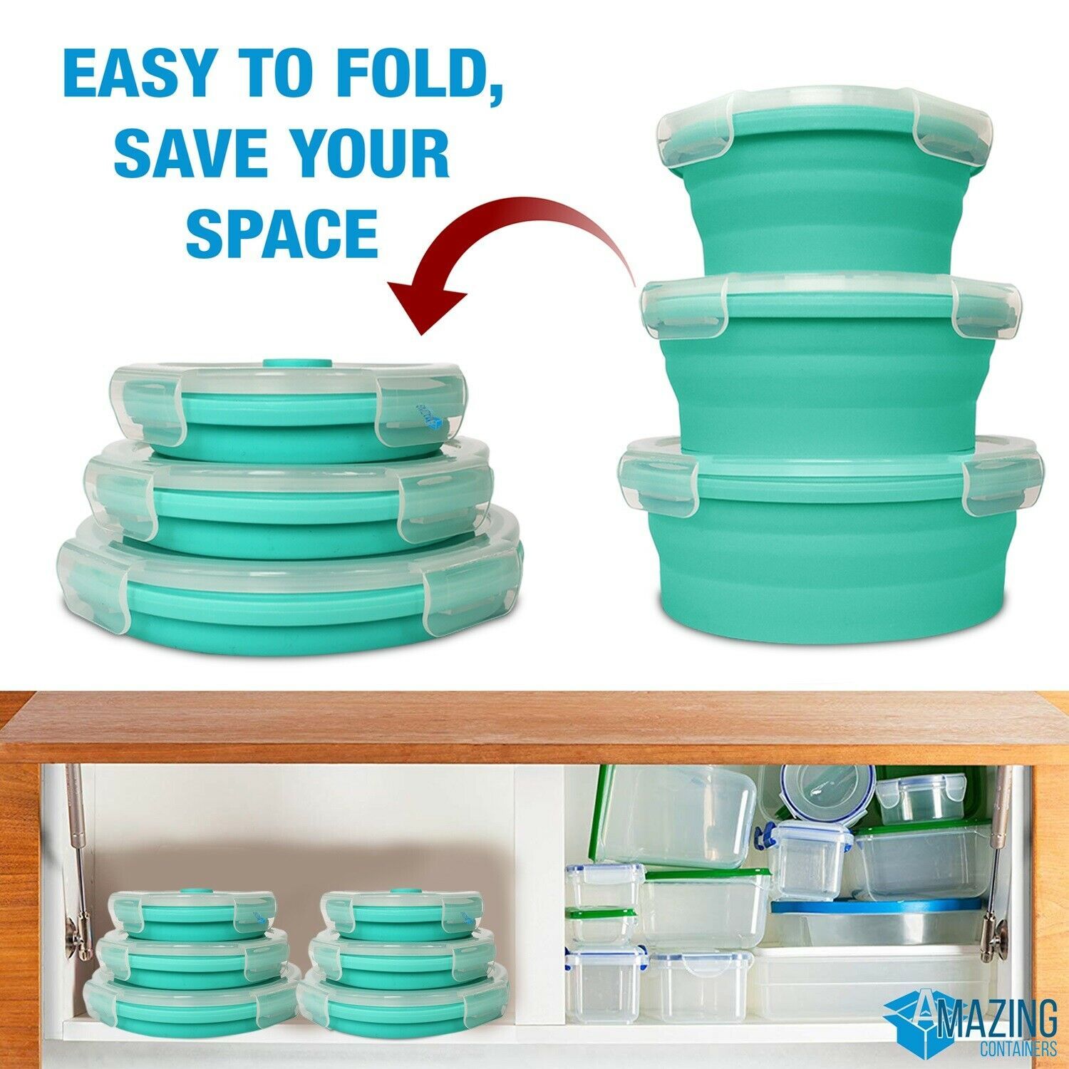 SET OF 3 silicon collapsible Mixing Bowls W / Lid Microwave safe food