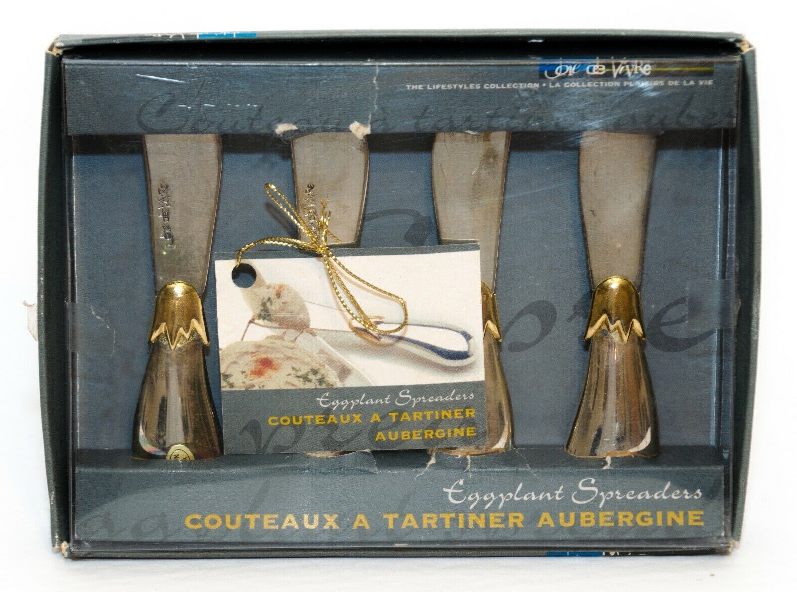 Set of 4 Eggplant Spreaders Silverplate and Gold Tone Knives Joie de
