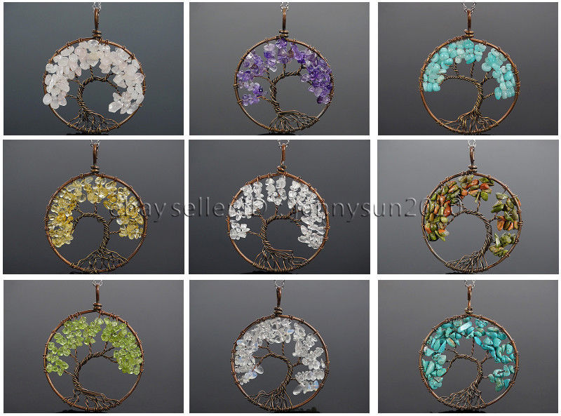 Natural Gemstones Reiki Chakra Chip Beads Tree of Life Copper Pendant Charms