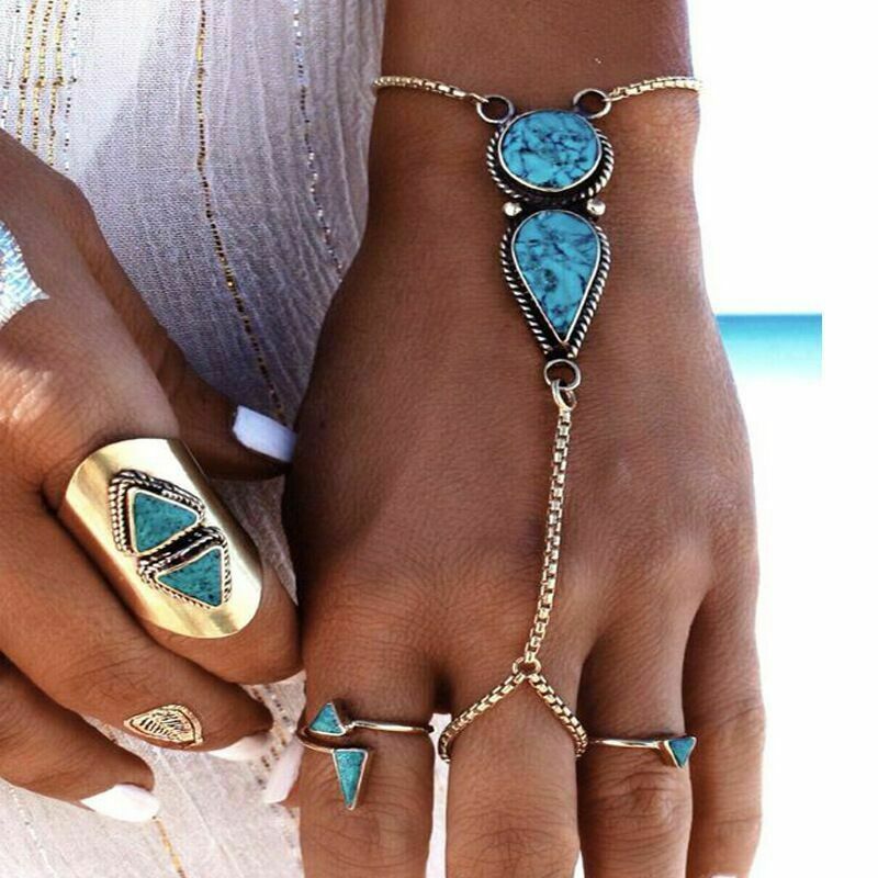 Retro Hand Bracelet Boho Slave Jewelry Harness Lady Chain Ring Turquoise Fashion