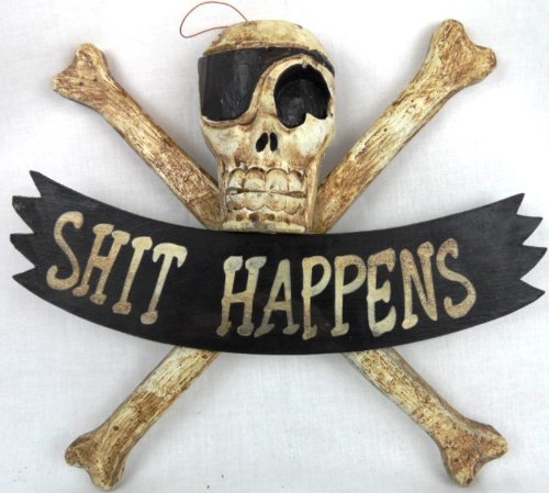 LG 12 inch Hand Carved Wood Pirate Skull Cross BoneShit Happens Sign Plaque Wa