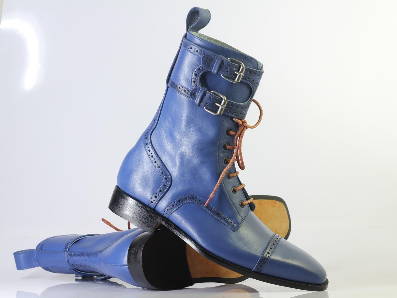 Handmade Men's Blue Cap Toe Ankle High Double Monk Strap Lace Up Leather Boots