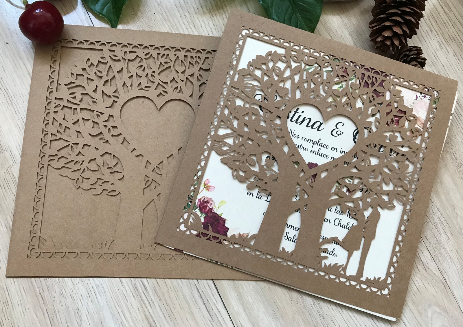 50pcs kraft paper brown Heart laser cut wedding invitations cards invite covers