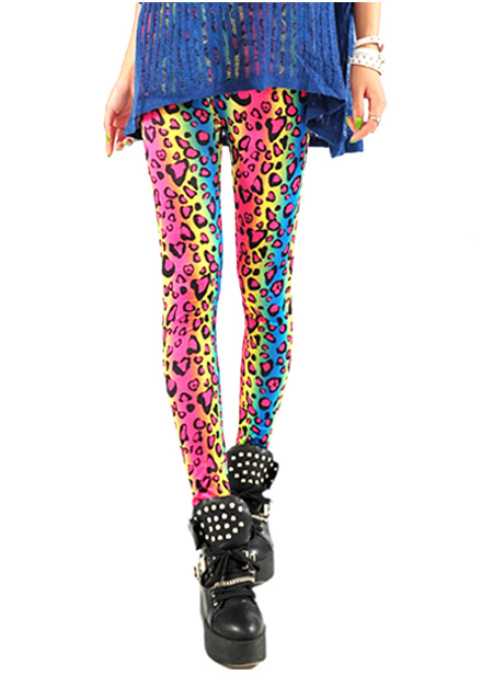 Ladies 80's Bright Neon Metallic Fluro Leopard Print Leggings Punk ac15