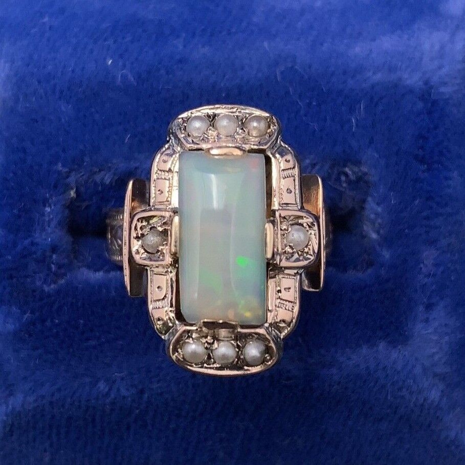 Primary image for 9k Rose Gold Rectangular Opal and Seed Pearl Ring Jewelry (#J5618)