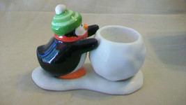 Ceramic Penguin Pushing A Snowball Tea Light Candle Holder From Hallmark - $14.85