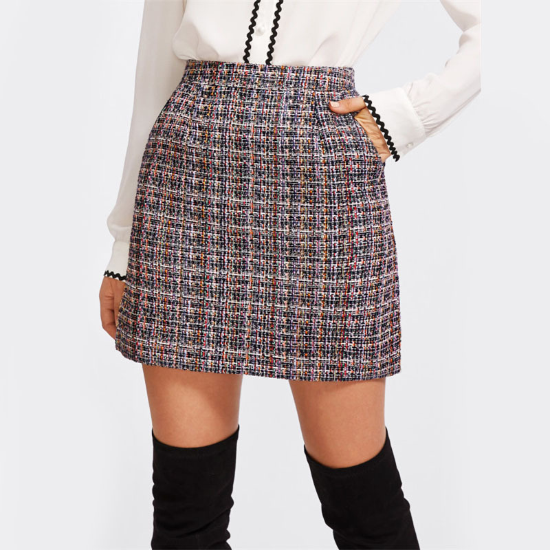 New multi color plaid tweed A-line short skirt office women autumn fall ...