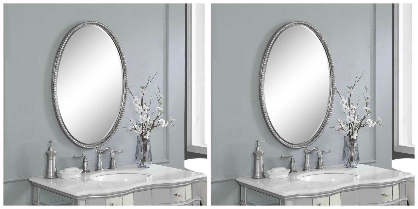 TWO 32" BRUSHED NICKEL METAL BEAD STYLE FRAME OVAL WALL VANITY