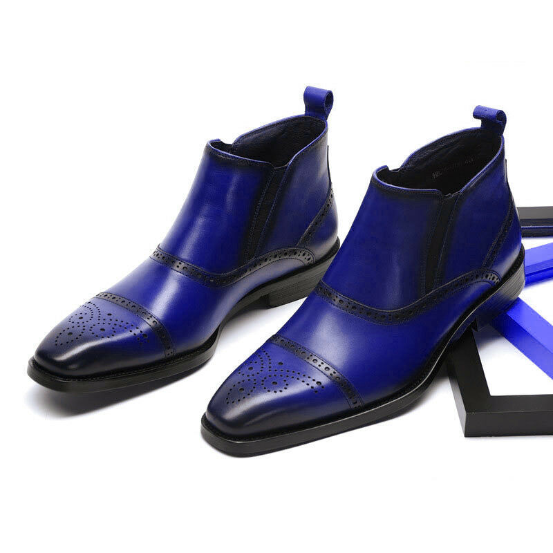 High Ankle Men Blue Color Burnished Brogue Cap Toe Genuine Leather Boots US 7-16
