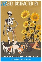 Easily Distracted By Dogs And Skull Spooky Skeleton Sunflower Vintage Canvas And - $49.99