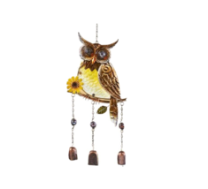 Owl Wind Chime Hanging With Bells 22.9" Long Metal And Glass Garden Decor Brown 