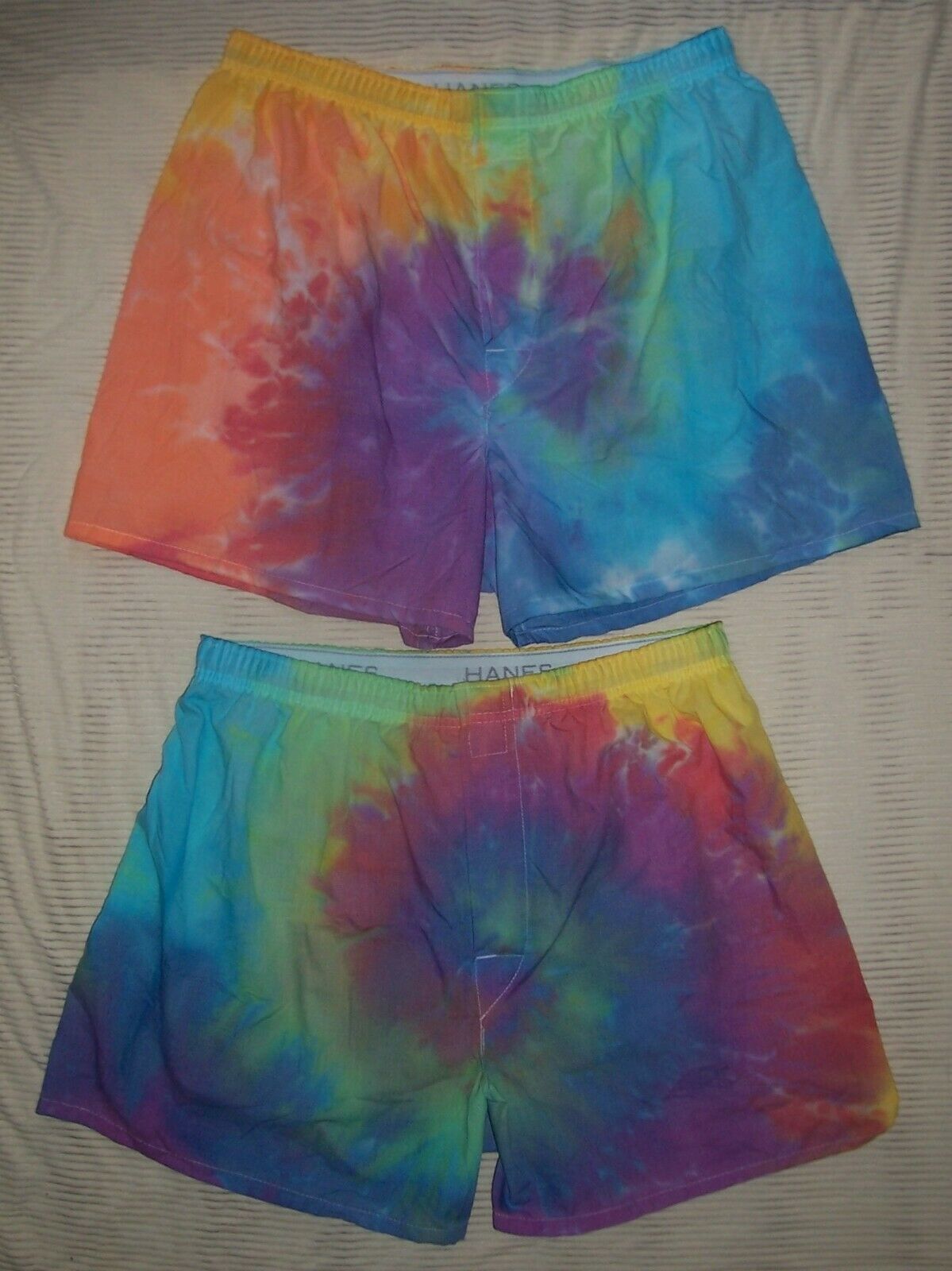 L BOXER SHORTS MENS TIE DYE 2 UNDERWEAR HANES AQUA BLUE RED ORANGE