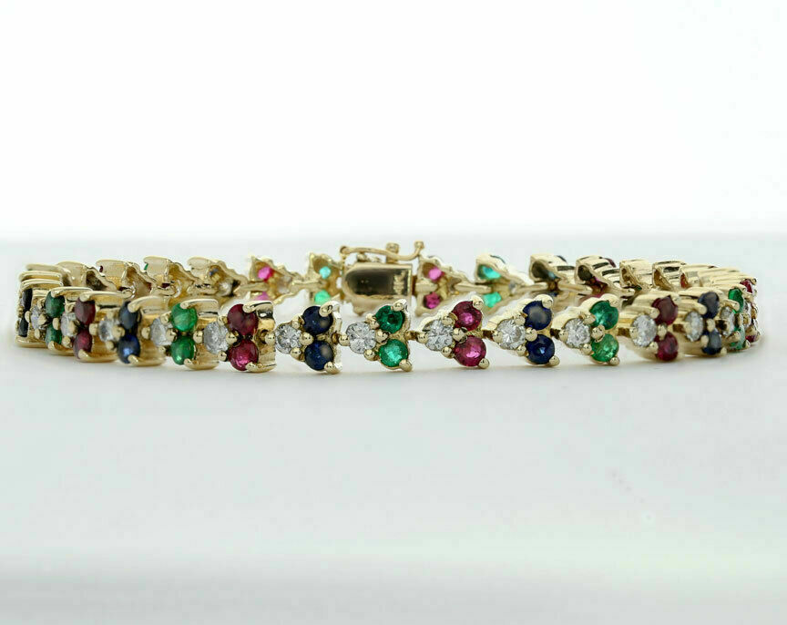 5.20CT Diamond Ruby Emerald Sapphire Bracelet 14K Yellow Gold Over