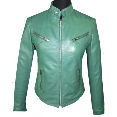 Green Fashionable Women Leather Jacket With Tab Collar Front Zipper Slim Fit