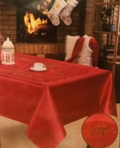 Poinsettias Red Christmas Embroidered Decorative Tablecloth For 8 Chairs - $34.29