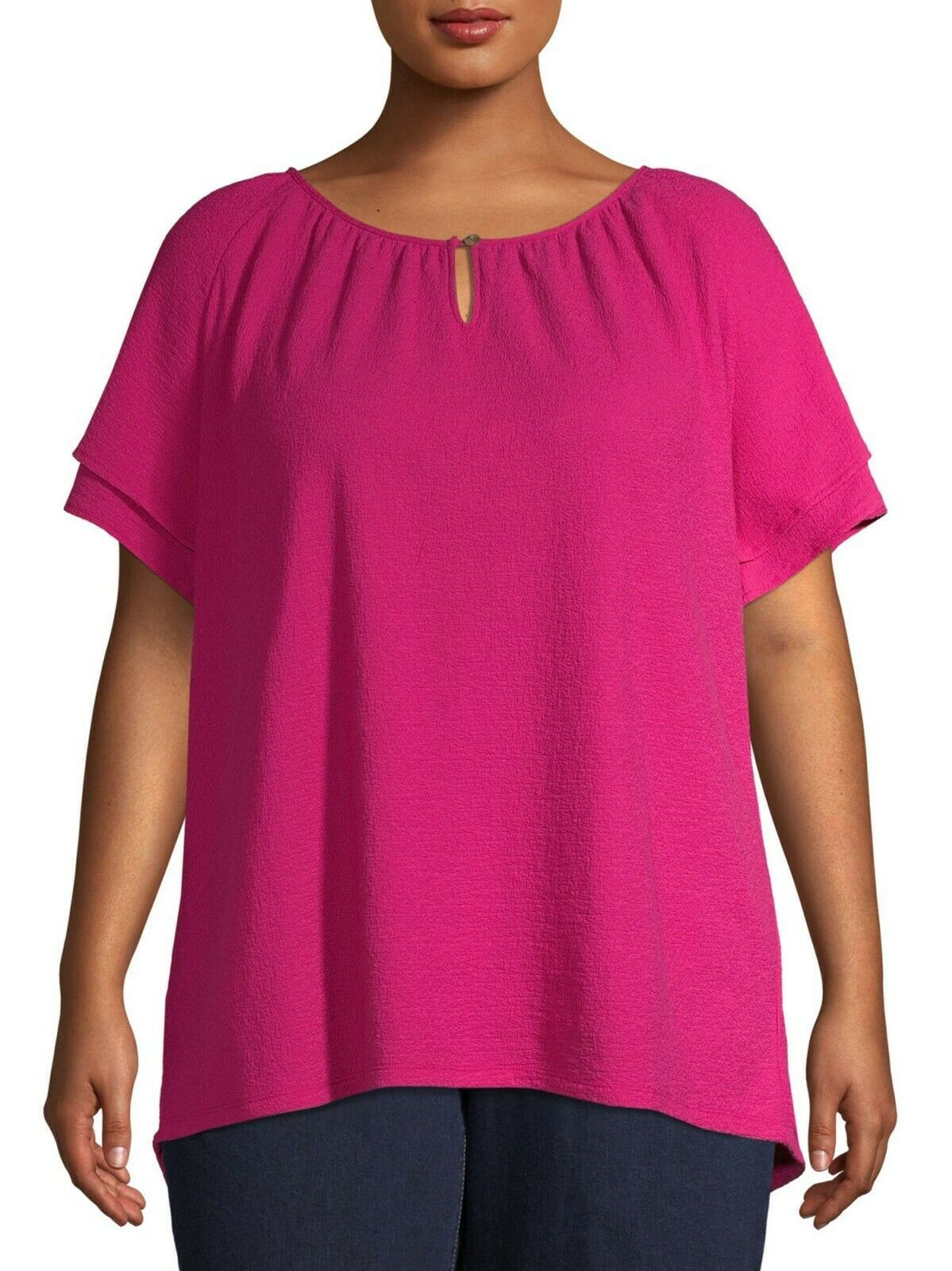 Terra & Sky Women's Plus Textured Ruffle Sleeve Peasant Top 0X (14W) Pink